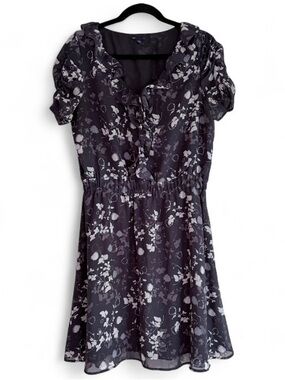Gap Navy Blue Floral Ruffle Neck Chiffon Dress Size L